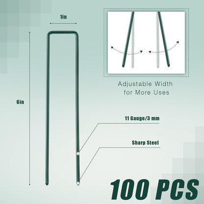 Therwen 6 Inch Turf Stakes for Artificial Grass Green Landscape Staples Bulk Galvanized Heavy Duty Garden Stake U Type Artificial Turf Stake Ground Anchor for Artificial Grass(Green, 100 Pcs)