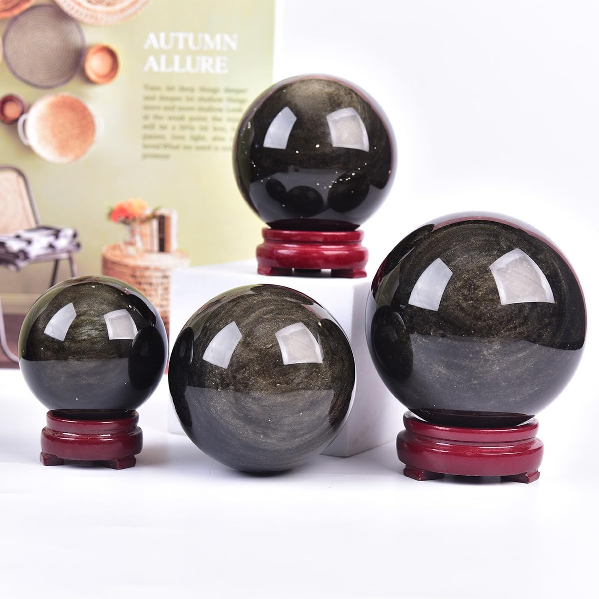 JIC Gem Golden Obsidian Crystal Sphere Large Healing Crystal Ball with Stand Ornament Meditation Witchcraft Decor 2.3-2.7 inch(60-70mm)