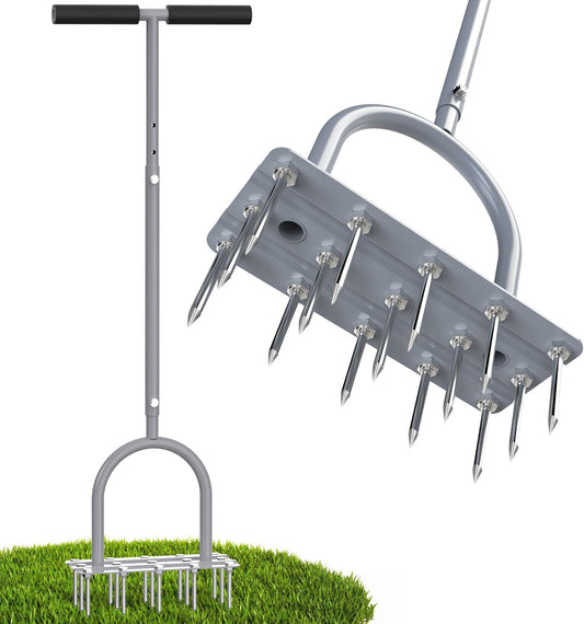 Lawn Aerator Spike Tool - Manual Grass Aerator with 15 Iron Spikes, Pre-Assembled Yard Aerator for Core Aeration, Dethatching, Heavy Duty T-Handle & Wide Foot Plate for Lawn Yard & Garden (Grey)