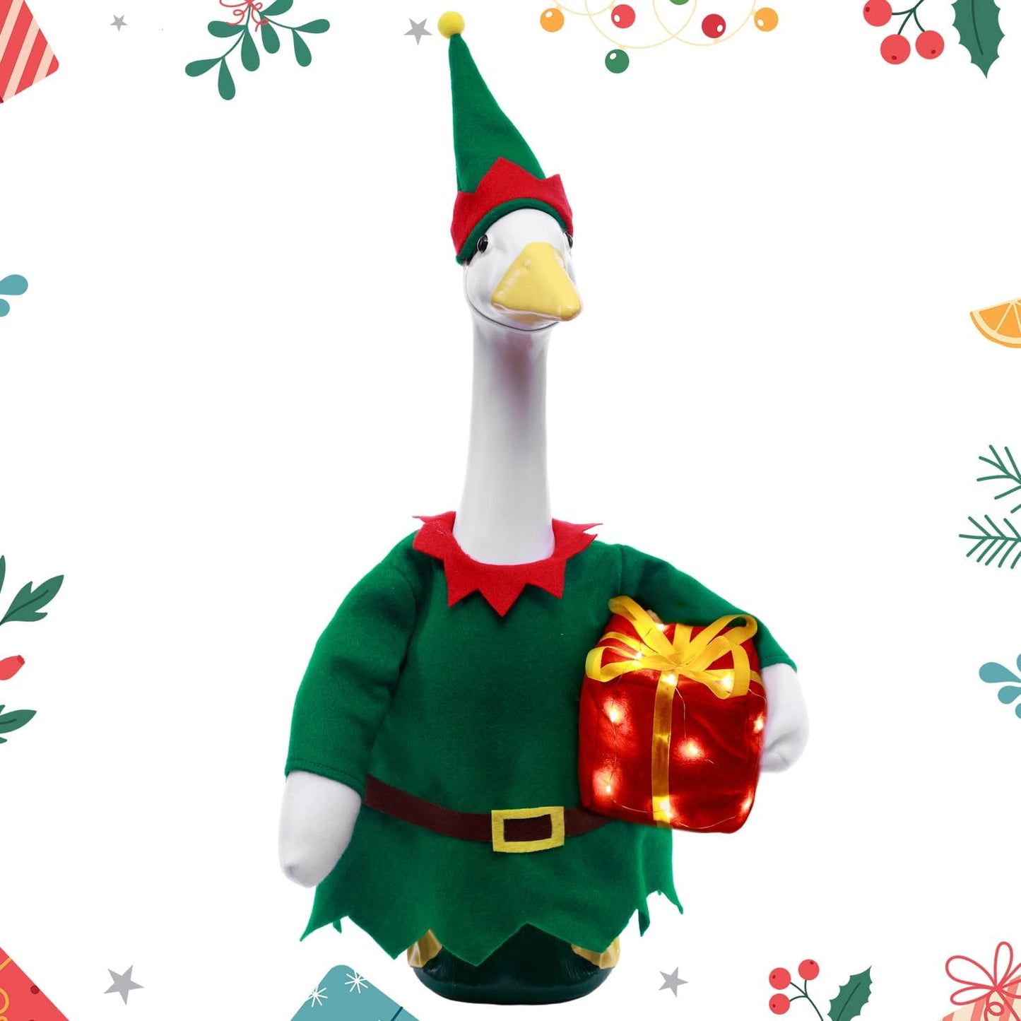 Christmas Toy Soldier Style Porch Goose Outfits,2 Pcs/Set Goose Clothes with Pointed Hat and Gift Box Fits 23" Lawn Goose Statue,Green Christmas Outdoor Goose Costume,Yard Patio Garden Xmas Decor