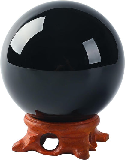 Modaier Black Small Obsidian Crystal Ball 60mm/2.3 inch with Rose Wooden Stand and Gift Box for Home Decor,Meditation,Fortune Teller,Halloween,Scrying,Magic,Crystal Orb Prop Decorative Glass Sphere