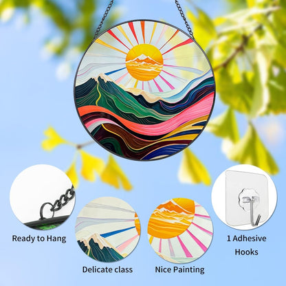 Mountains & Sun Stain Glass Window Hanging, 8 in Sun Catchers Indoor Window UV-Print Stained Glass Windows Hanging Boho Wall Art Decor with Chain, Gifts for Fathers Day, Mom, Dad, Son, Daughter