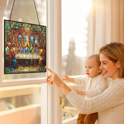 Customized Rectangle Art Nouveau Last Supper Stained Glass Suncatcher Stained Glass Window Hanging Home Decor Garden Halloween Christmas Party Wedding Housewarming Gifts