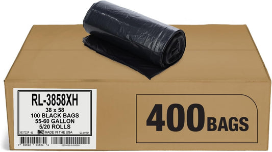 Aluf Plastics 55 Gallon Trash Can Liners (400 Count) - 38" x 58" - Thick 1.5 MIL Equivalent Black Trash Bags for Bathroom, Kitchen, Office, Industrial, Commercial, Recycling and More