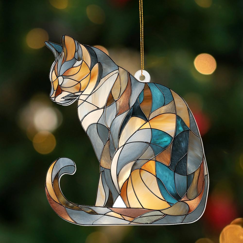 Stained Glass Cat Ornament – 2025 Christmas Tree Decoration, Handmade Animal Suncatcher for Window, for Cat Lovers & Unique Home Décor (Sun-03)