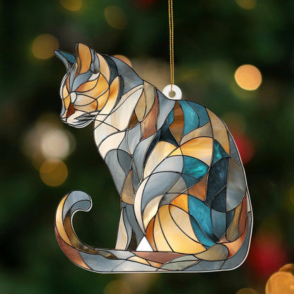 Stained Glass Cat Ornament – 2025 Christmas Tree Decoration, Handmade Animal Suncatcher for Window, for Cat Lovers & Unique Home Décor (Sun-03)