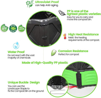 SQUEEZE master XXL Large Compost Bin Outdoor- 720L /190 Gallon-Easy Assembly-No Screws-Sturdy& Durable-Green Door
