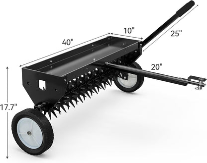 YITAMOTOR 40" Tow Behind Spike Aerator, Durable Lawn Aerator for Soil Penetrator with Transport Wheels & Galvanized Plug Coring Tines & Universal Hitch Tow Bar & Side Control Handle for ATV,Black