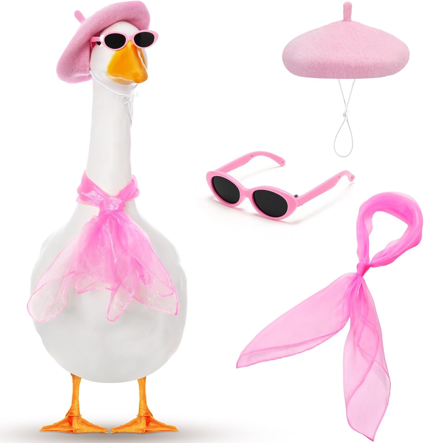 Yaomiao 3 Pcs French Porch Goose Outfit Set for 23'' 17'' Cement Plastic Lawn Goose Costume 50s French Beret Hat for Statue Halloween Carnival Statue Decor(Pink)