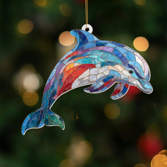 Dolphin Stained Glass Ornament, Ocean Marine Life Window Hanging Suncatcher Acrylic Decor, Nautical