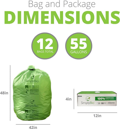 50-55 Gallon Compostable Trash Bags Flat-Top, Heavy Duty Extra Thick 1.57 Mil, 208.2 Liter, 12 Bags, Large Lawn and Yard Waste Bag, ASTM D6400, US BPI and OK Compost Home Certified