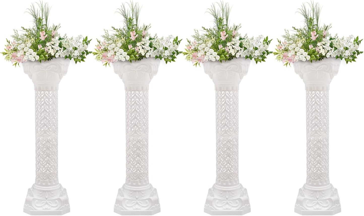 Roman Column Pedestal, Plastic White Columns for Weddings Indoor/Outdoor Roman Pillar Stand for Table Sculptures, Vase, Garden Decor (4PCS, 10.6 x 34.6 Inch Fretwork)