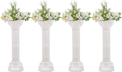 Roman Column Pedestal, Plastic White Columns for Weddings Indoor/Outdoor Roman Pillar Stand for Table Sculptures, Vase, Garden Decor (4PCS, 10.6 x 34.6 Inch Fretwork)