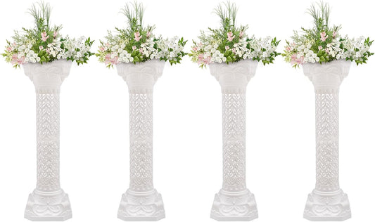 Roman Column Pedestal, Plastic White Columns for Weddings Indoor/Outdoor Roman Pillar Stand for Table Sculptures, Vase, Garden Decor (4PCS, 10.6 x 34.6 Inch Fretwork)