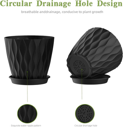 4 Inch Plant Pots, 6 Pack Indoor Flower Pots, Planters with Drainage Holes and Trays for Orchids, Violets, Succulents, Herbs, and Other Plants, Black