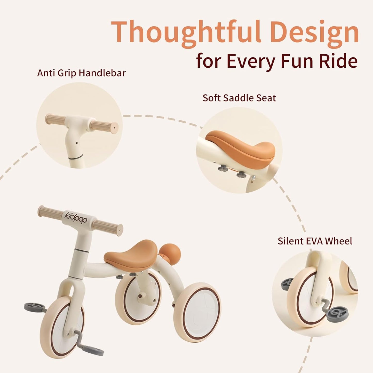 4-in-1 Toddler Tricycle with Adjustable Push Handle for 1-4 Year Old,Birthday Gift and Toy for Boys and Girls Removable Pedals Balance Bike&Scooter (Beige)