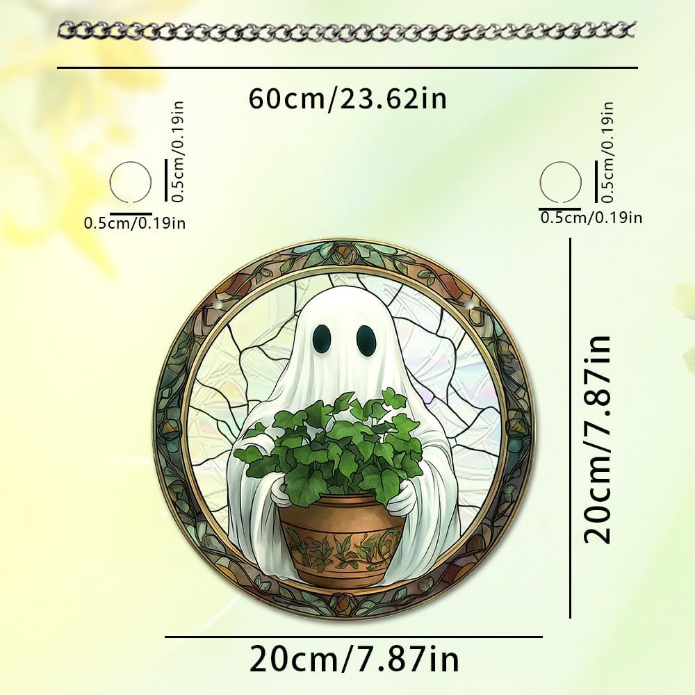 Halloween Sun Catcher - 8 Inch Round Suncatcher for Window Hanging Decoration - Creates Indoor Rainbows Light Refraction - Spooky Ghost, Witch, Pumpkin Design - Suction Cup Hook & Chain