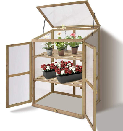 Moccha Greenhouse Wooden Cold Frame, Portable Garden Flower Planter with Removable Shelf and Hinges, Raised Cold Frame with Foldable Top and Side Doors for Outdoor, Porch, Backyard, Balcony