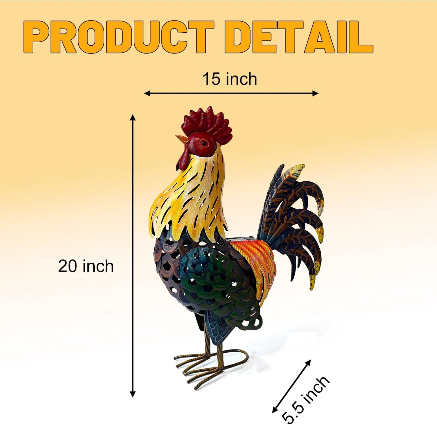 LIFFY Metal Chicken Yard Decor, 20" Rooster Outdoor Garden Solar Lights,Rooster Decorative Statues Outside with Led Light for Landscape Patio Lawn Backyard