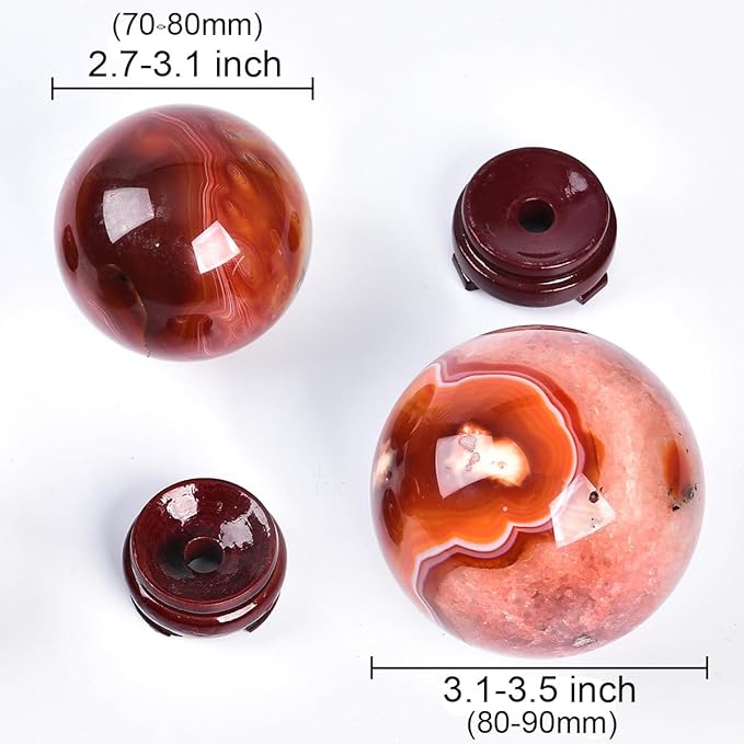 JIC Gem 3.1-3.5 inch(80-90mm) Large Red Agate Large Crystal Ball Round Healing Crystals Decorative Sphere with Wooden Stand Meditation Witchcraft Home Decor