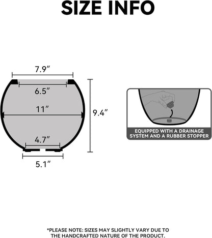 Kante Round Concrete Flower Pot, 11 Inch Dia (7.9" Opening) Sphere Shape Design Planter with Drainage Hole and Rubber Plug for Indoor & Outdoor Plants, Black Finish with Warm Brown Interior