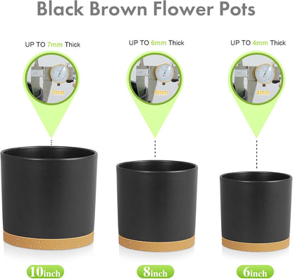 10/8/6 inch Large Deep Plant Pots for Outdoor Indoor Plants, 3 Pack Tall Cylinder Flower Pots with Drainage Holes and Saucers, Big Plastic Planter Pots for Garden House Porch, Black with Brown