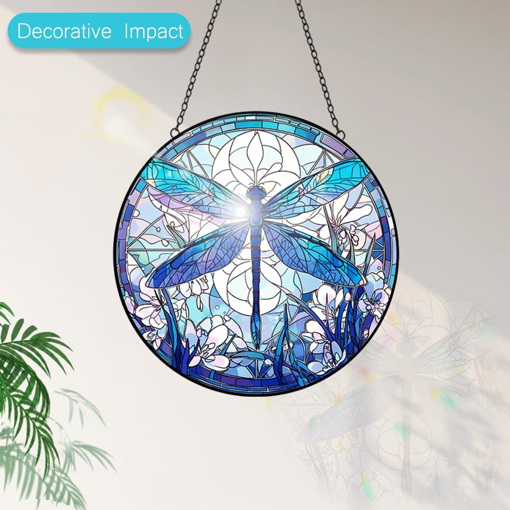 Dragonfly Suncatcher Stained Glass Window Hanging - 8” Stained Glass Suncatchers for Windows - Sun Catchers Indoor Window Catcher with Hooks and Chain - Birthday Gifts for Mom Grandma