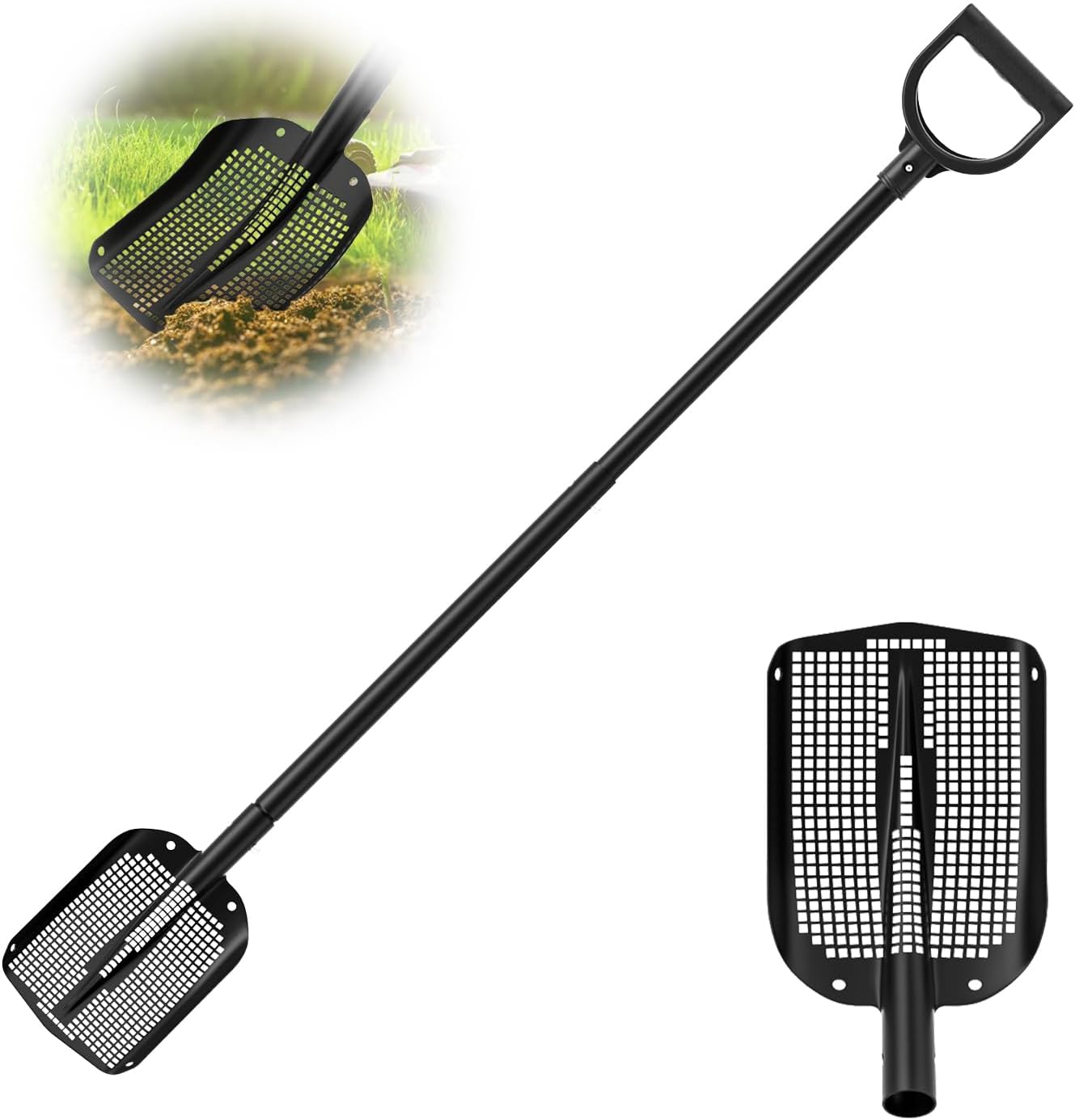 53.93 Inch Sifting Shovel, Heavy Duty Sand Sifter Square Cleaning Scoop Detachable 35-inch Short Sifter for Beach Chicken Coop/Animal House Poop Shovel
