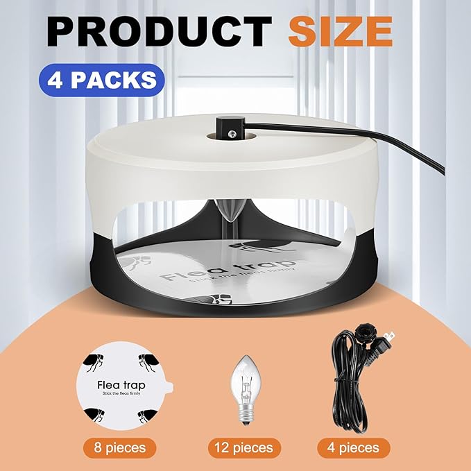 Qualirey 4 Packs Flea Traps for Inside Your Home with 8 Sticky Disc 12 Bulbs 4 Electric Wires, Pest Insects Killer Bed Bug with Light for Indoor Safe to Pets(Round Flea Trap,Black, White)