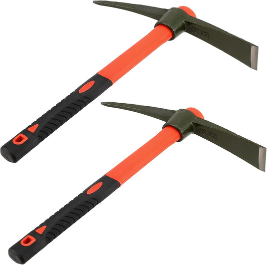 2 PCS 15 Inch Garden Pick Mattock, Pick Axe with Red Fiberglass Handle, Garden Mattock Pickaxe Tool for Gardening, Cultivating, Forged Steel Head