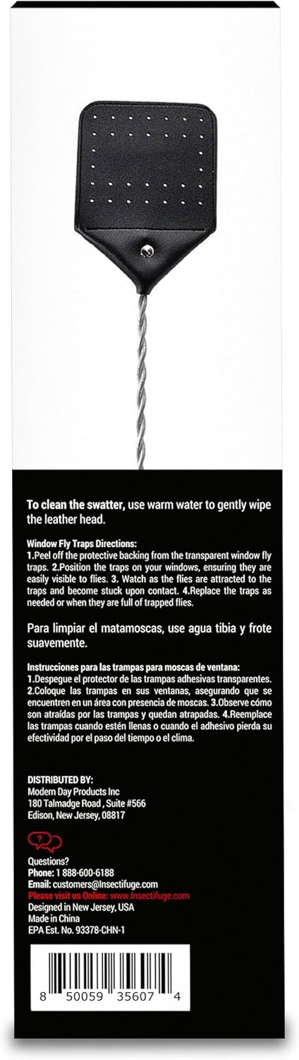 Leather Fly Swatter 2 Pack with 5 Window Fly Traps - Heavy Duty Fly Swatter Manual, Retractable Indoors Outdoors, Large Swatters Multi Pack Long Handle, MATA Moscas