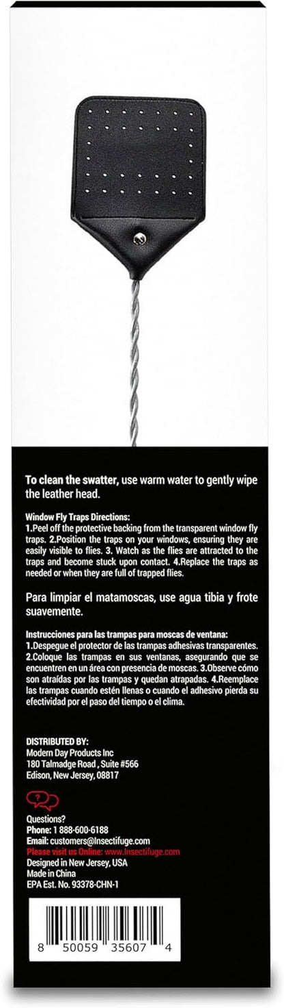 Leather Fly Swatter 2 Pack with 5 Window Fly Traps - Heavy Duty Fly Swatter Manual, Retractable Indoors Outdoors, Large Swatters Multi Pack Long Handle, MATA Moscas