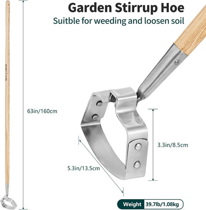 Berry&Bird Garden Weeder Hoe, 63'' Stainless Steel Hula Hoe for Weeding, Action Stirrup Hoe for Gardening Loop Scuffle Hoe with Wooden Long Handle Hand Weeder Tool Push Pull Dutch Hoe Heavy Duty