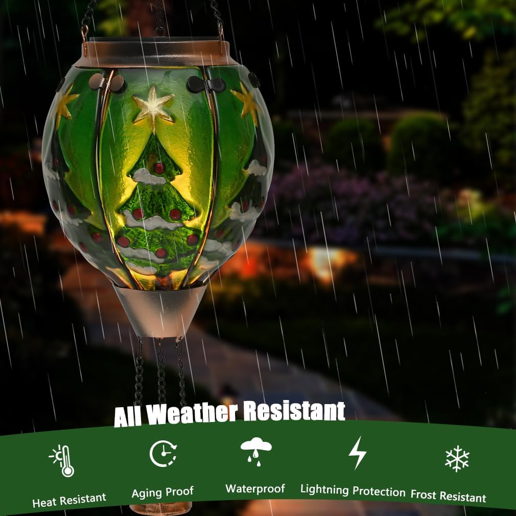 Solar Powered Hot Air Balloon Lantern - Christmas Tree Glass Lantern, Simulated Flickering & Dancing Flame, Outdoor Hanging Yard Light Waterproof IP65 for Patio Lawn Porch New Year Decor Gift