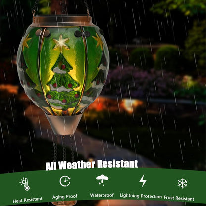 Solar Powered Hot Air Balloon Lantern - Christmas Tree Glass Lantern, Simulated Flickering & Dancing Flame, Outdoor Hanging Yard Light Waterproof IP65 for Patio Lawn Porch New Year Decor Gift