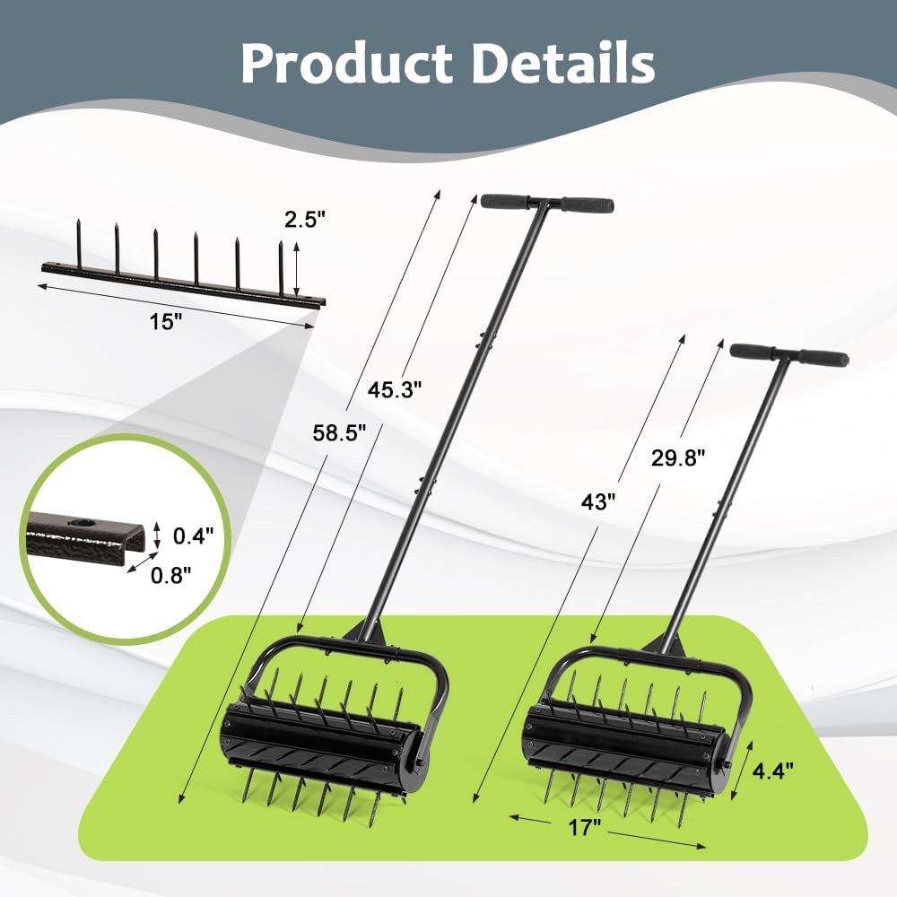 KELIXU Lawn Aerator Tool, 17” Manual Lawn Aerators Roller, Heavy Duty Rolling Lawn Air Aerator Tool with Spike Row, 58.5” H Grass Lawn Aeration Tool, Yard Tools for Garden, Cropland to Loose Soil