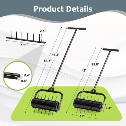 KELIXU Lawn Aerator Tool, 17” Manual Lawn Aerators Roller, Heavy Duty Rolling Lawn Air Aerator Tool with Spike Row, 58.5” H Grass Lawn Aeration Tool, Yard Tools for Garden, Cropland to Loose Soil