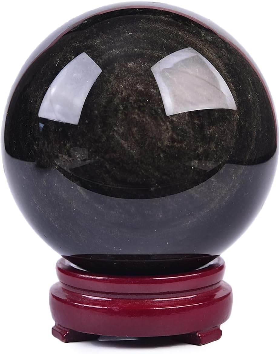 JIC Gem Large Golden Obsidian Crystal Ball with Stand Natural Quartz Crystal Sphere Healing Ornament Witchcraft Meditation Home Decor 3.5-4 inch(90-100mm)