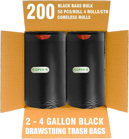 2-4 Gallon Trash Bags Drawstring, 200 Count Bulk Value Pack, Black & Unscented Small Multi-purpose Garbage Bags for Business Home Bathroom Kitchen Commercial and Industrial
