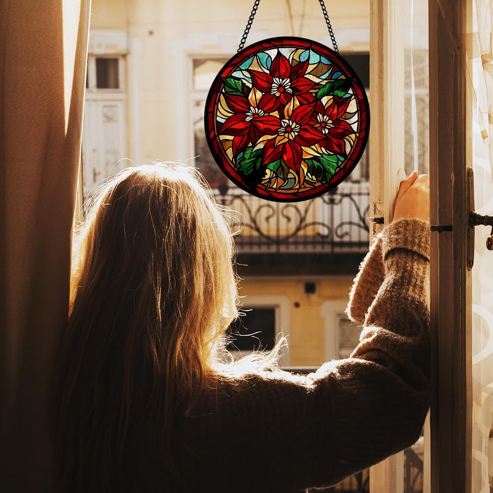 Red Flower Stained Glass Window Hanging, Hanging Sun Catcher Ornament, Red Flower Botanical Glass Panel, Window Ornament for Indoor Outdoor, Gifts for Christmas Housewarming, Birthday Party, Wedding