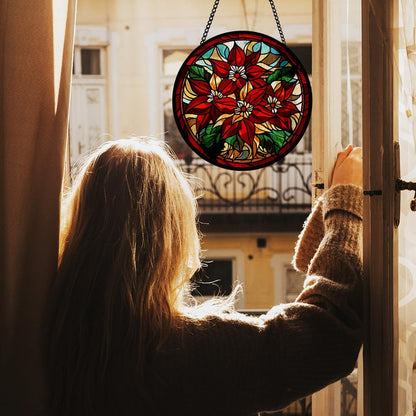 Red Flower Stained Glass Window Hanging, Hanging Sun Catcher Ornament, Red Flower Botanical Glass Panel, Window Ornament for Indoor Outdoor, Gifts for Christmas Housewarming, Birthday Party, Wedding