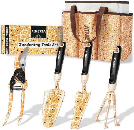 Aimerla Gardening Tool Set of 5 Heavy Duty Aluminum Garden Tools with Non-Slip Rubber Grip, Fashion Garden Bag, Durable Hand Tools for Garden, Weeding, Gardening Gifts for Women,Men - Daisy