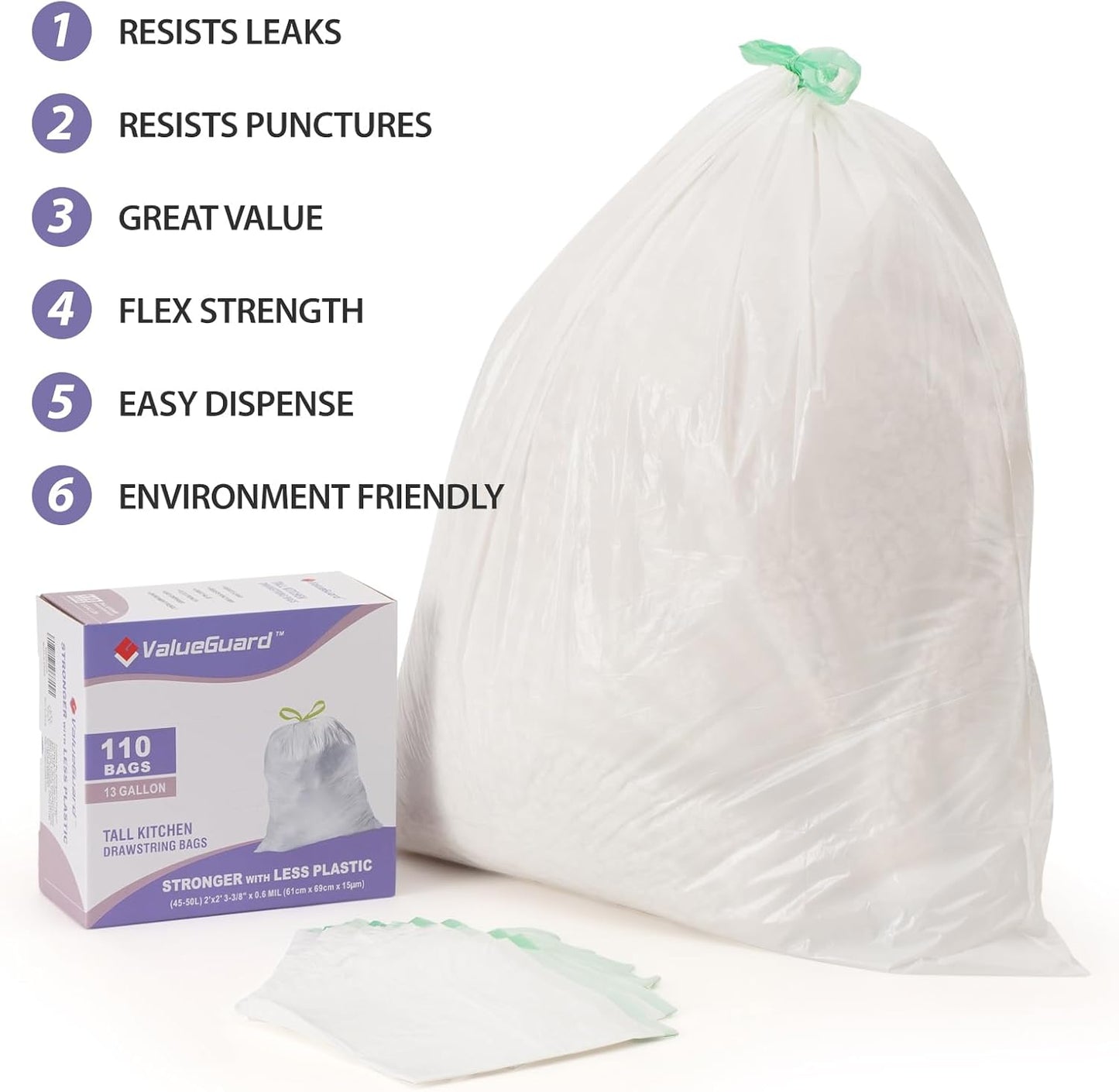 Trash Bags Garbage Bag 13 Gallon Drawstring Tall Waste Bag for Kitchen Office Party 0.6 Mil (110 Count)