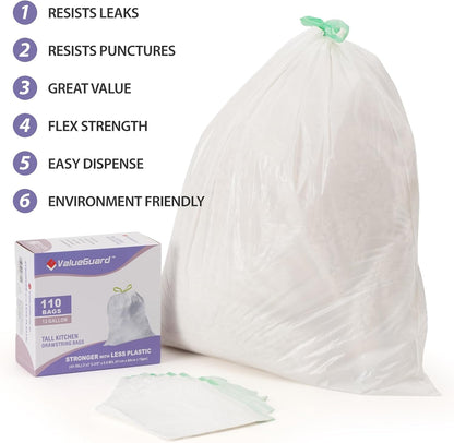 Trash Bags Garbage Bag 13 Gallon Drawstring Tall Waste Bag for Kitchen Office Party 0.6 Mil (110 Count)