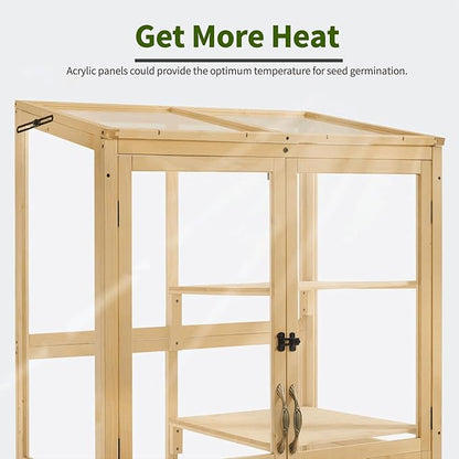 Macrout Cold Frame Greenhouse, Tall Wooden Greenhouse for Outdoor Indoor Use with Polycarbonate Panels, 3 Tier Garden Cold Frame with Drawer and Shelves, 0864 (Natural)