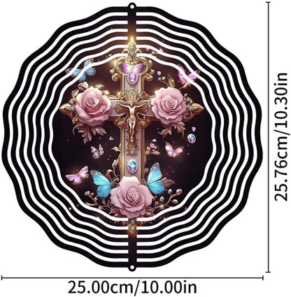 Jesus Cross Wind Spinner, Metal Wind Spinners Outdoor/Indoor, Cross Hanging Garden Decor for Outside, Stainless Wind Spinners for Yard and Garden 10 inch 3D (25.76X25 CM)
