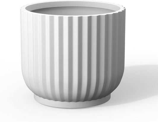 Kante Round Fulted Planter, 14 Inch Dia Large Concrete Plant Pots with Drainage Hole and Rubber Plug, Modern Decor for Indoor Outdoor Plants, Flower, White