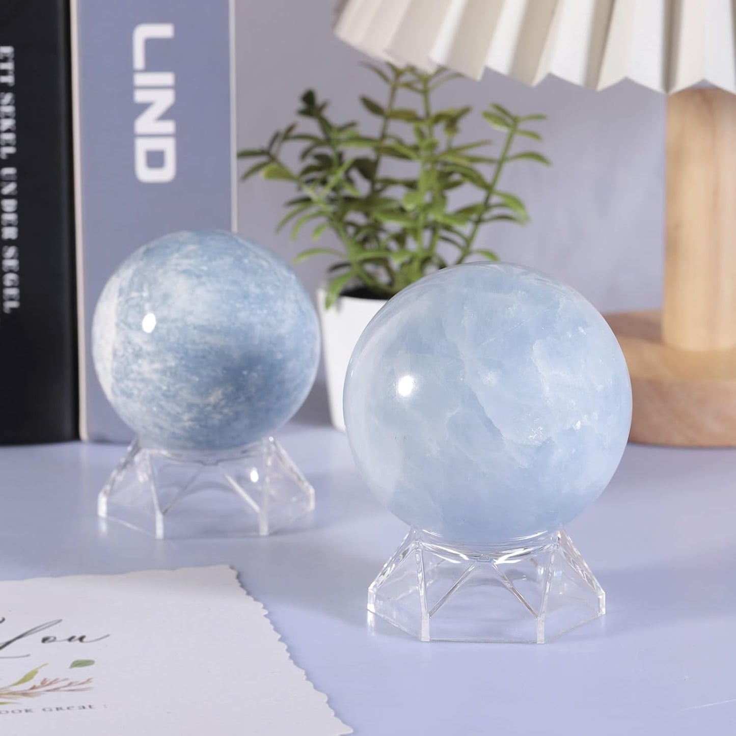 Natural Blue Celestite Crystal Ball with Acrylic Display Base, 61-70mm Polished Stone Feng Shui Crystal Sphere Meditation Decoration for Home & Office