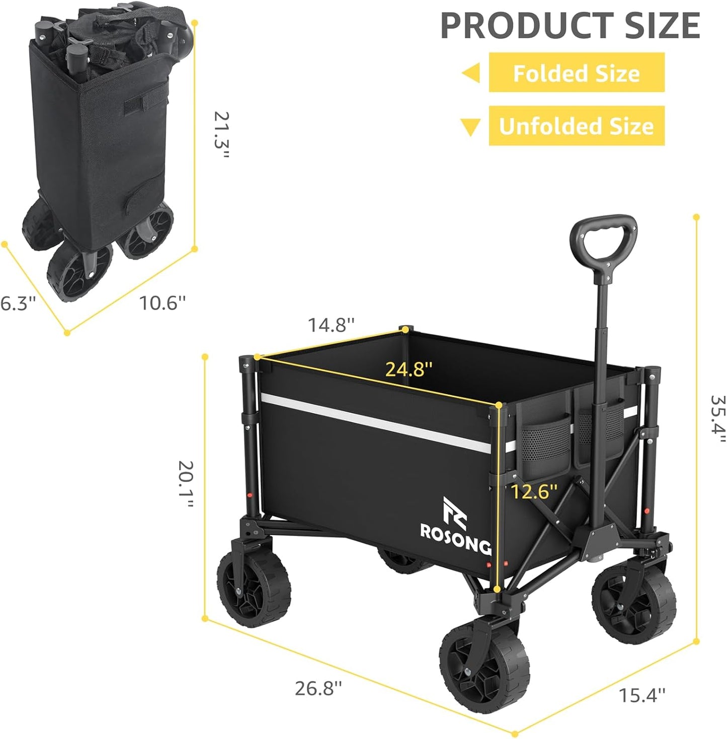 Collapsible Wagon Cart with Wheels Foldable - Folding Utility Heavy Duty Wagons Carts for Grocery Sports Garden Shopping Camping Wheelbarrows (Black, 90L)