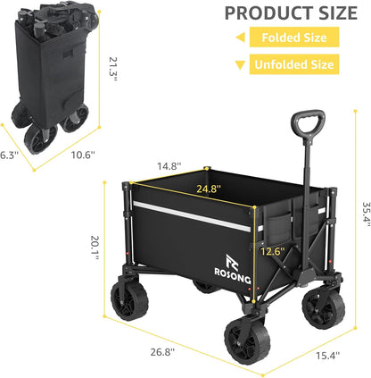Collapsible Wagon Cart with Wheels Foldable - Folding Utility Heavy Duty Wagons Carts for Grocery Sports Garden Shopping Camping Wheelbarrows (Black, 90L)